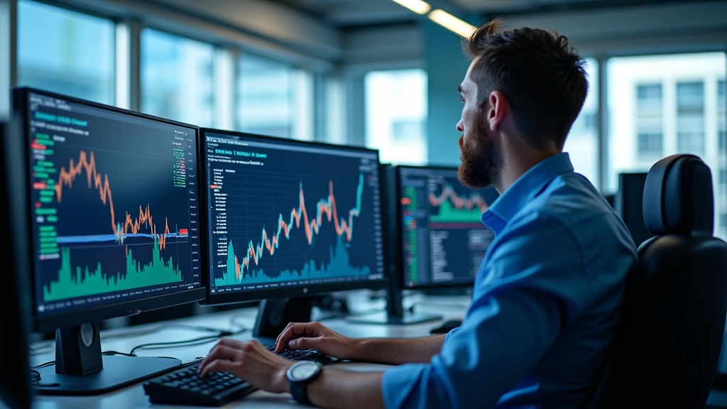 Modern financial district office with multiple screens displaying stock charts and analytics