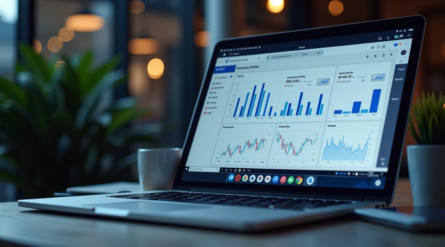 Laptop displaying Toronto Stock Exchange data analysis dashboard with code editor and market charts