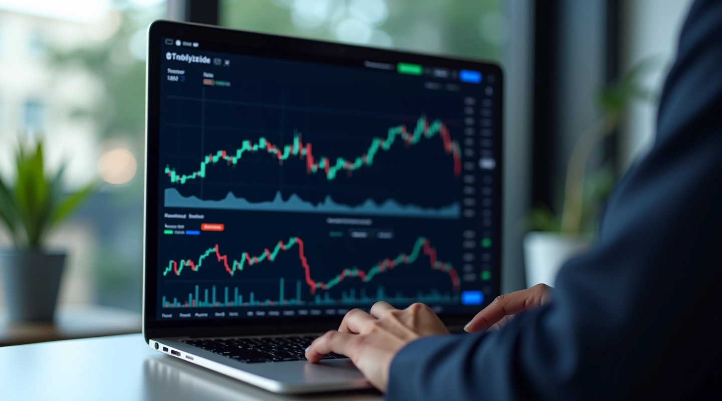 Laptop screen displaying stock market analysis charts and data visualization with multiple time-series graphs, professional trading desk environment with clean background, sharp focus