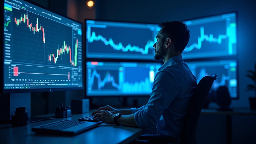 Trading monitor setup showing real-time stock charts and market data, professional trader workspace with multiple screens displaying live price feeds, financial office environment with blue ambient lighting