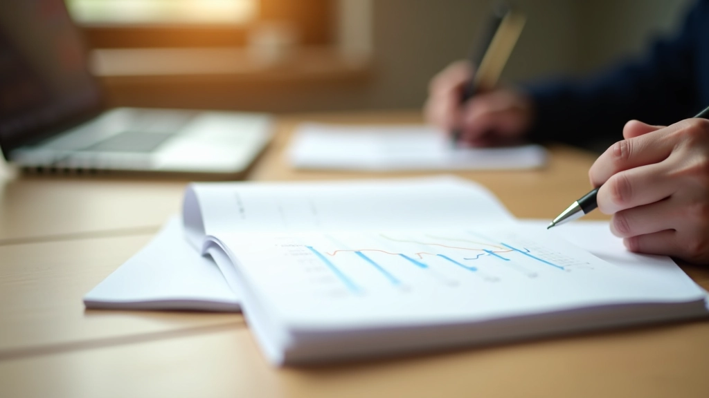 Notebook and pen on desk with market analysis notes and calculations