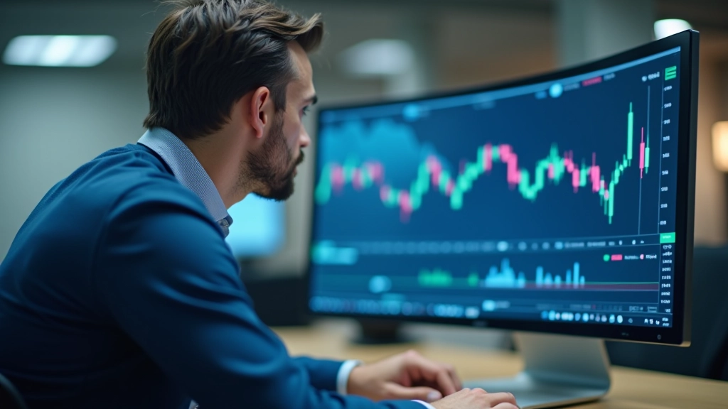 Person analyzing stock data on computer screen with charts and numbers visible